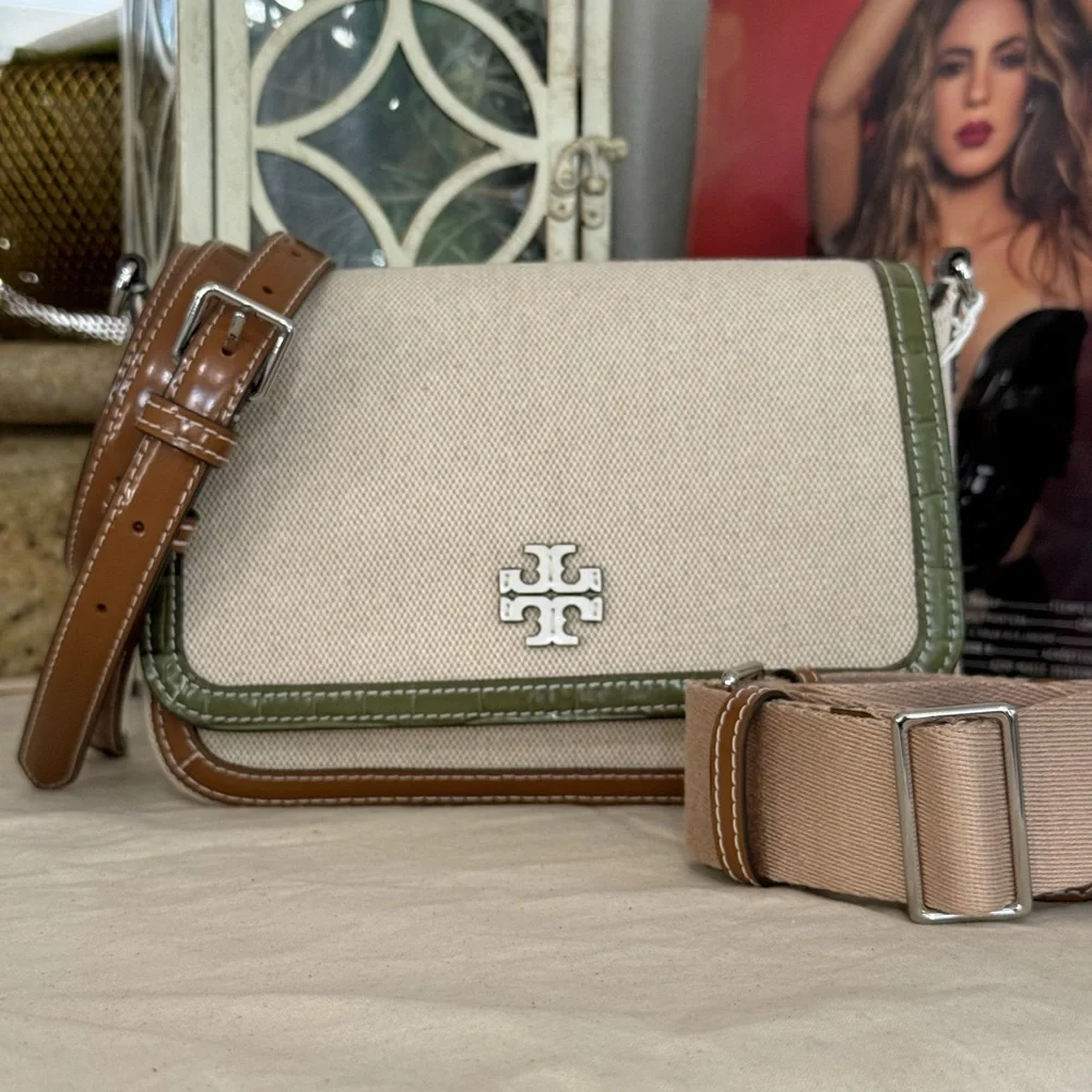 New Tory Burch Thea web flap shoulder bag/crossbody in canvas cream leather trim